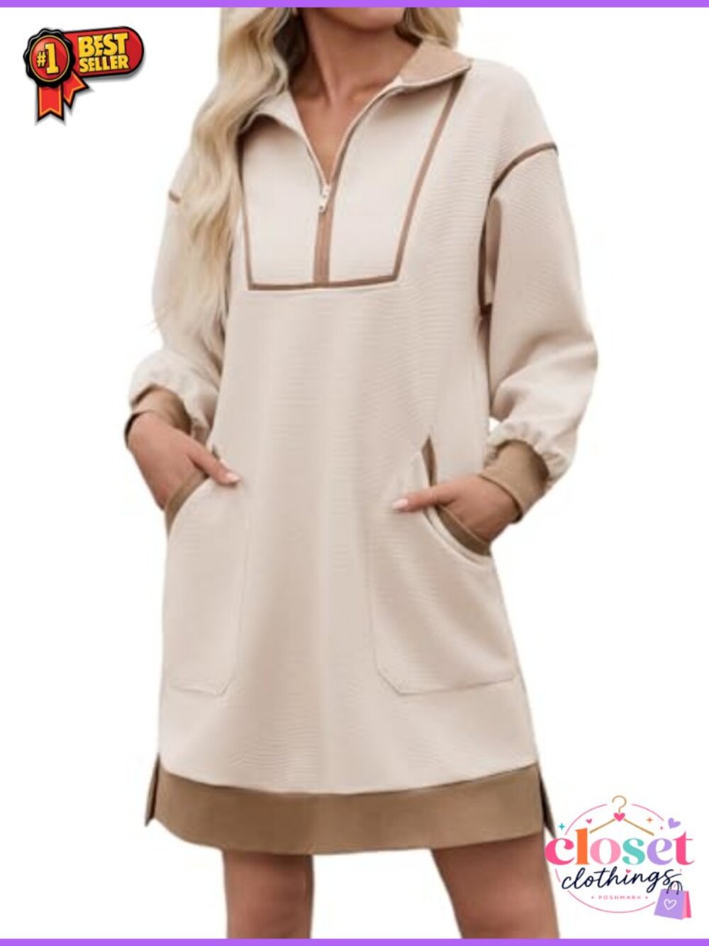 Womens Half Zip Sweatshirt Dress V Neck Contrast Mini Long Sleeve